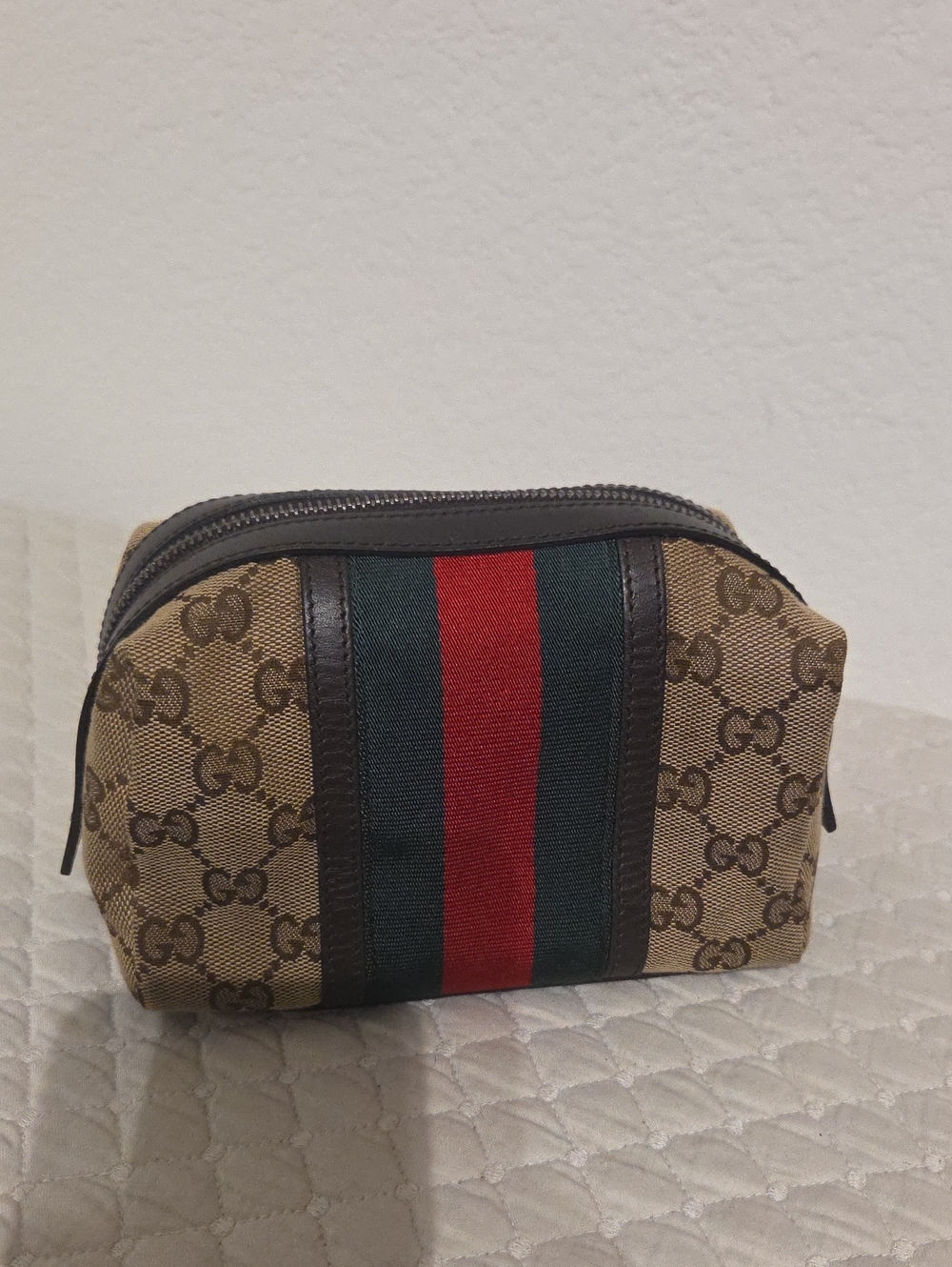 Gucci Beige Monogram Toiletry Bag with Red & Green Web Stripe